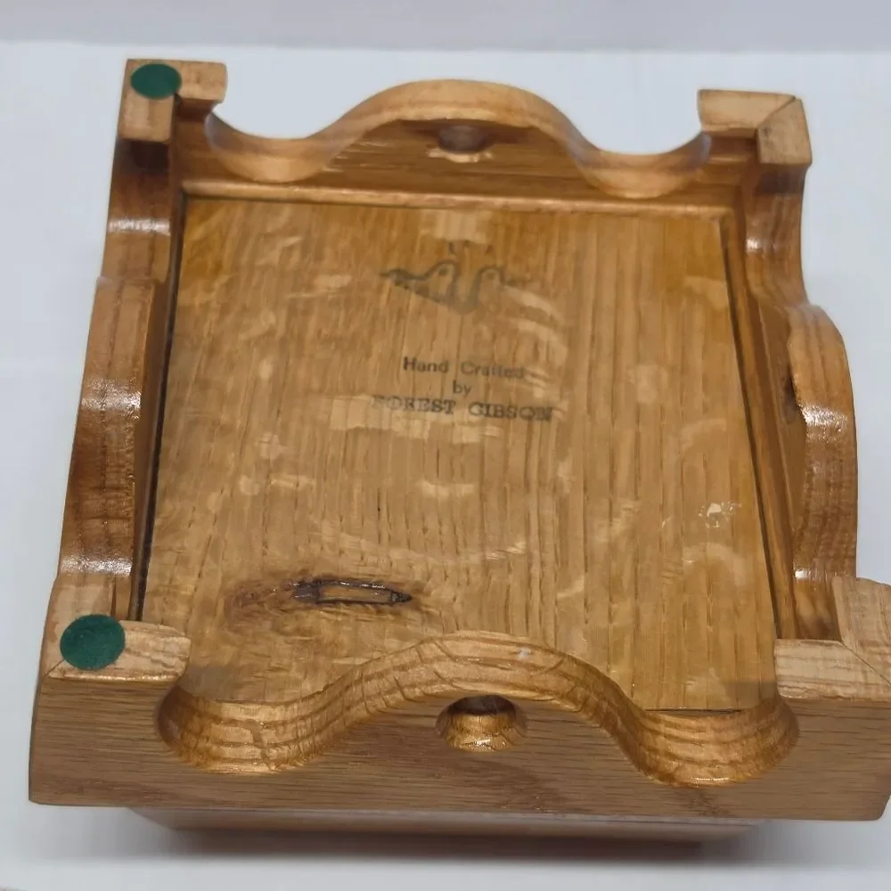 Vintage 60s Wooden Jewelry Trinket Box Red Lined Hand Carved By Forest Gibson